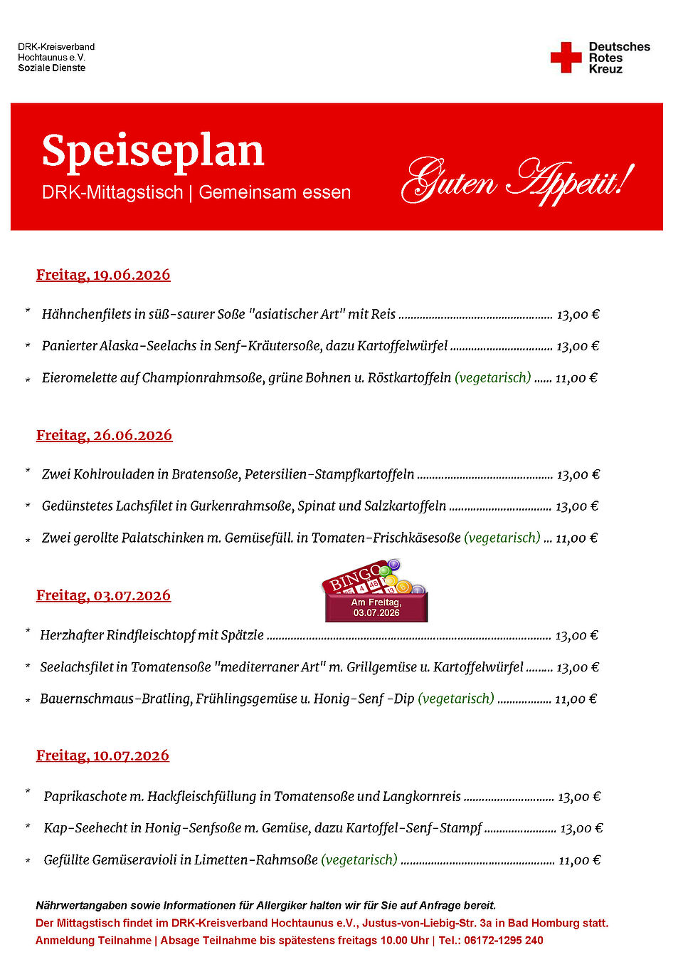 Speiseplan für den DRK-Mittagstisch im Juni und Juli.