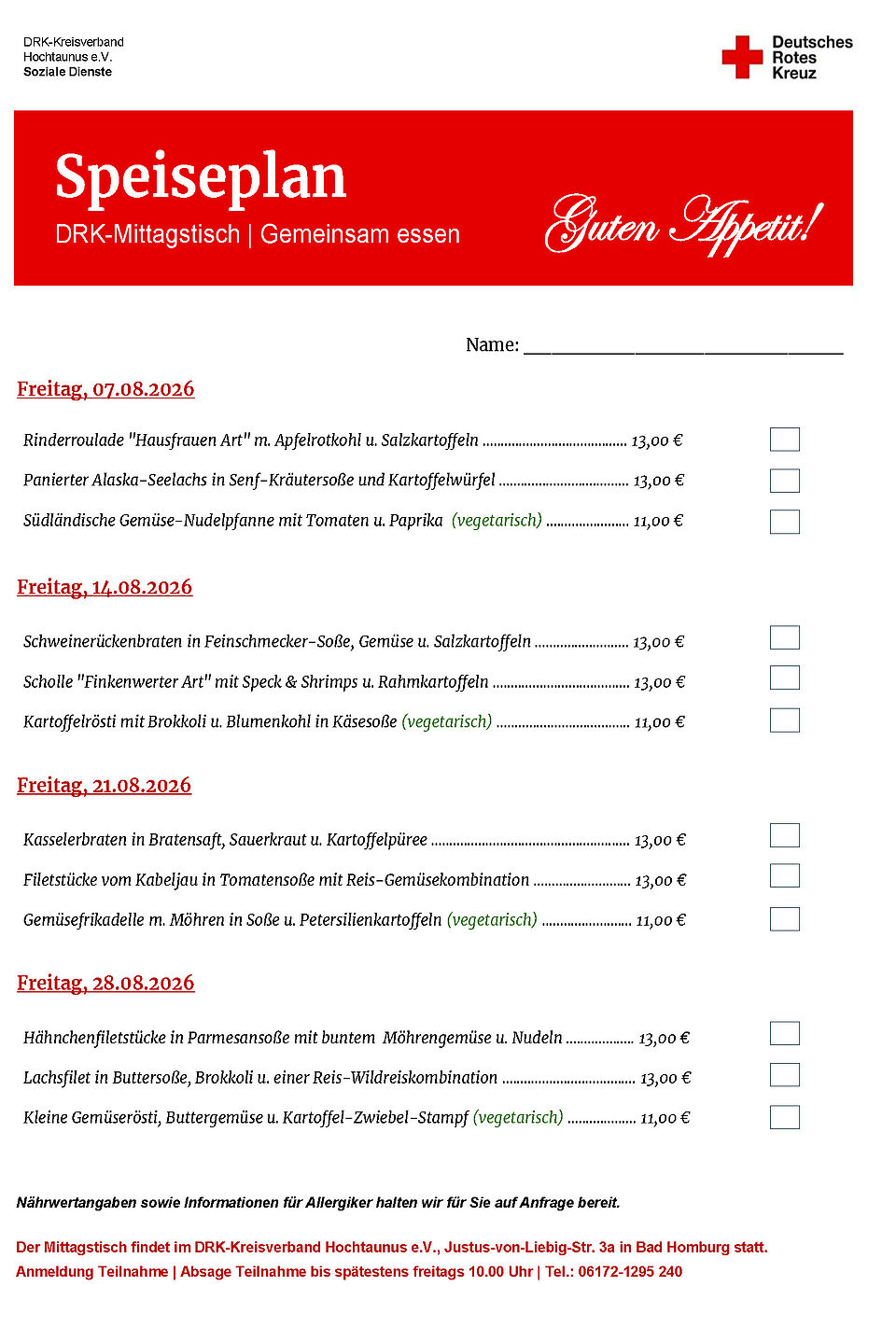 Speiseplan Mittagstisch im August
