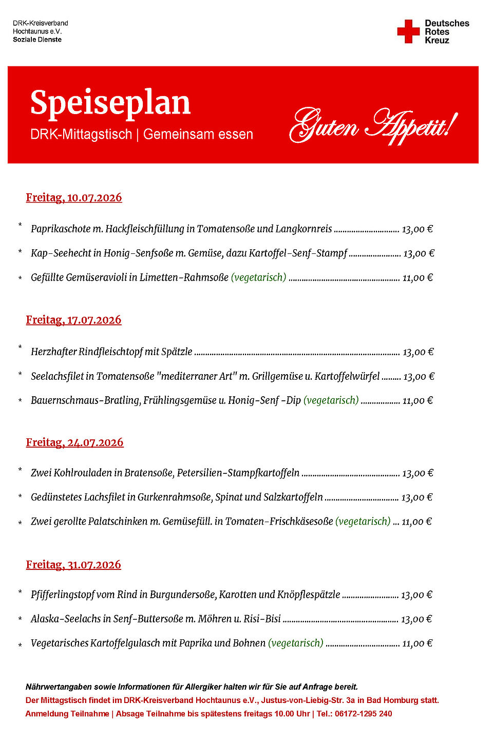 Speiseplan für den Mittagstisch im Juli 2026