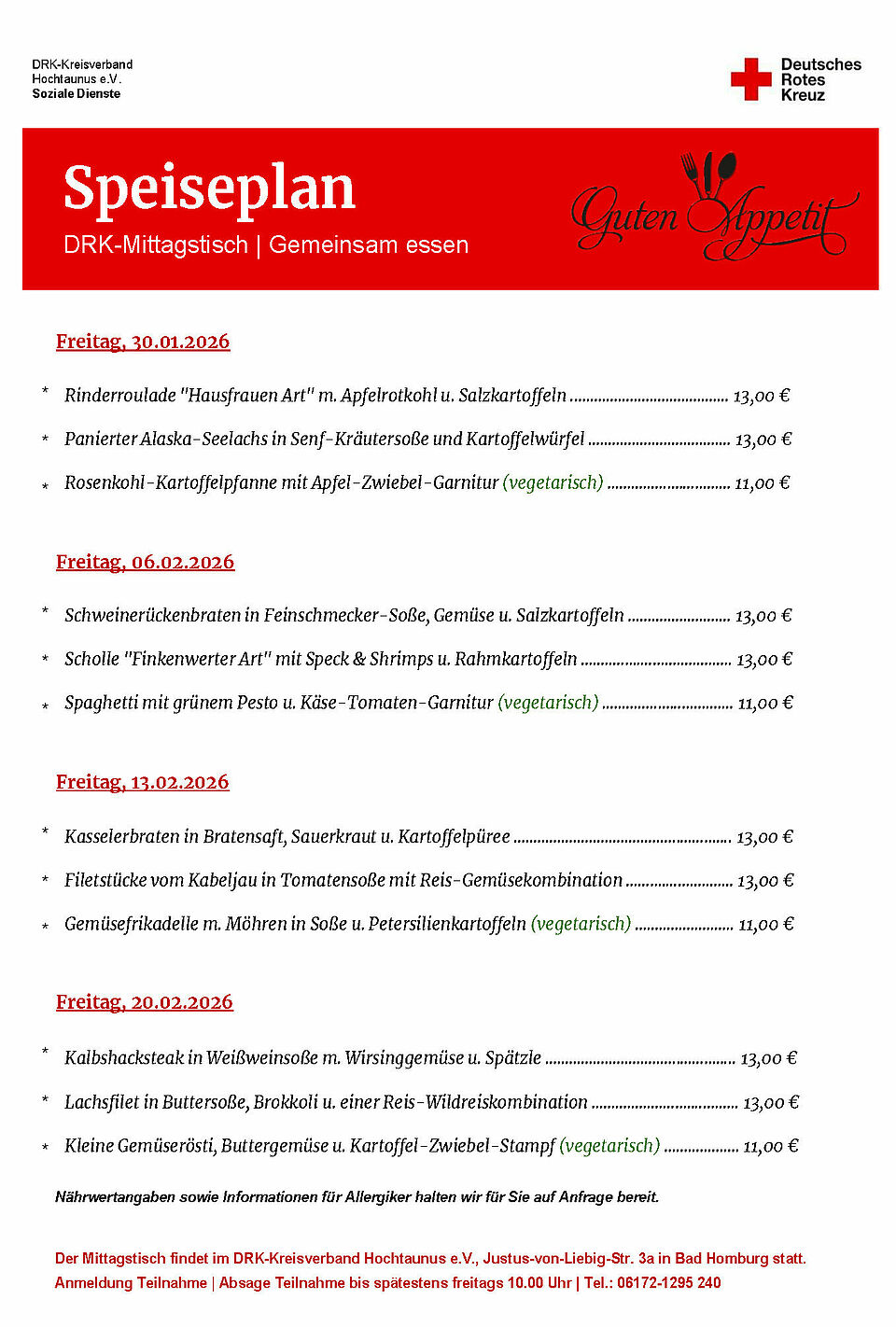 Speiseplan zum Mittagstisch